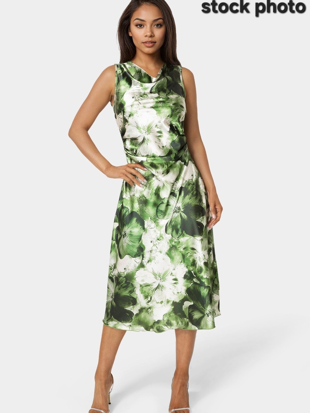 bebe Green Floral Cowl Neck Satin Dress